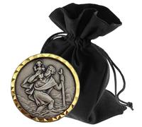 LUNEXUS Aimant de Voiture Saint Christophe Ø 2,6 cm - Plaque Saint Christophe Argent Antique avec Bord doré, béni & Certificat - Aimant & Tampon adhésif - Saint Patron automobiliste Porte-Bonheur