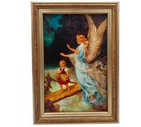 Lunexus Ange gardien - 12 x 17 cm - Avec cadre en bois et verre véritable - Béni catholique - Motif ange menant l'enfant sur le pont - Tableau mural pour baptême, naissance, communion, chambre