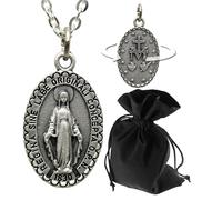 LUNEXUS Chaîne Vierge Marie argentée - Béni - Pendentif chrétien avec croix arrière - Collier Sainte Madone pour femmes hommes enfants - 60 cm en acier inoxydable - Médaille miraculeuse - Cadeau