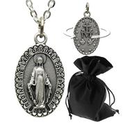 Lunexus Chaîne Vierge Marie argentée - Béni - Pendentif chrétien de 2,4 cm avec croix arrière - Collier Sainte Madone pour femmes hommes enfants - 60 cm en acier inoxydable - Médaille cadeau