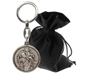 Lunexus Christopherus Porte-clés Ø 3,5 cm - Saint Christophe ange gardien pour voiture et moto - Béni - patron conducteur - Porte-bonheur - Porte-clés pèlerin, argenté, 9,5 cm