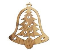 Lunexus Cloche en bois d'olivier avec sapin de Noël - Fait à la main à Bethléem - Décoration de sapin de Noël et étiquette cadeau de la Terre Sainte - Avec ruban doré et argent avec certificat