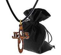 Lunexus Collier avec pendentif en forme de croix avec inscription Jésus en bois d'olivier fait à la main à Bethléem, avec cordon de 80 cm, anneau doré marron naturel, avec pochette en velours et