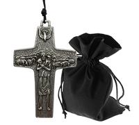 Lunexus Collier avec pendentif en forme de croix berger avec mouton et colombe de la paix - Croix en relief argentée 7 x 4,5 cm avec bracelet en cuir de 60 cm et pochette en velours - Dévotionnel béni