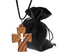 Lunexus Collier avec pendentif en forme de croix en bois d'olivier avec colombe - Fait à la main à Bethléem - Avec cordon en nylon de 80 cm, pochette en velours et certificat - Cadeau catholique béni