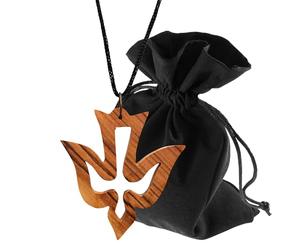 Lunexus Collier Colombe en Bois d'Olivier - Pendentif Fait Main avec Cordon Nylon 80 cm Grain Naturel Béni avec Certificat - Pochette Cadeau en Velours Fait Main Bethléem Symbole