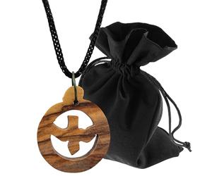 Lunexus Collier colombe en bois d'olivier - Pendentif rond Saint-Esprit Fait à la main à Bethléem - Bijoux chrétiens avec cordon en nylon et pochette en velours - Cadeau baptême communion confirmation