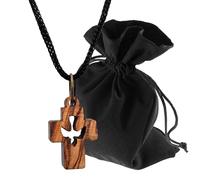 Lunexus Collier croix en bois d'olivier avec colombe - Fait main à Bethléem - Pendentif chrétien béni avec certificat - Symbole Saint-Esprit Paix avec cordon de 80 cm et pochette en velours
