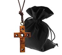 Lunexus Collier croix en bois d'olivier avec symbole de cœur - Fait à la main Bethléem - Pendentif chrétien béni avec certificat - Cordon avec trois nœuds Trinité avec ruban de 80 cm et pochette en