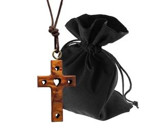 Lunexus Collier croix en bois d'olivier avec symbole de cœur - Fait à la main Bethléem - Pendentif chrétien béni avec certificat - Cordon avec trois nœuds Trinité avec ruban de 80 cm et pochette en