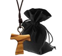 Lunexus Collier croix rosée en bois d'olivier franciscain fait à la main à Bethléem avec cordon à trois nœuds marron naturel anneau en métal pochette en velours certificat cadeau religieux