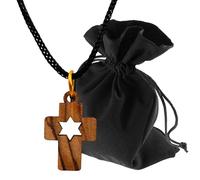 Lunexus Collier en bois d'olivier avec étoile de David - Fait main Bethléem - Pendentif chrétien béni avec certificat - Symbole de l'Ancien Nouveau Testament avec ruban de 80 cm et pochette en velours