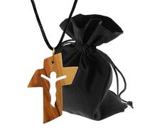 Lunexus Collier en bois d'olivier avec figurine du Christ - Fait main Bethléem - Pendentif chrétien béni avec certificat - Symbole sacrifice de rédemption foi avec ruban de 80 cm et pochette cadeau en