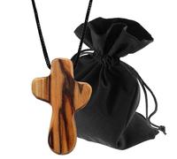 Lunexus Collier en bois d'olivier simple - Fait main Bethléem - Pendentif chrétien béni avec certificat - Symbole de foi, espoir et réconfort - Avec ruban de 80 cm et pochette en velours