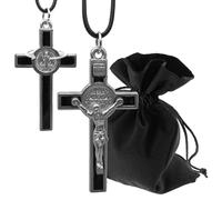 Lunexus Collier pour homme - Chaîne avec croix avec médaille bénédicte - Pendentif croix en zamak avec insert en émail - Sans nickel - Ruban avec fermeture à nœud - Pour communion, confirmation