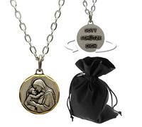 Lunexus Collier Vierge Marie avec enfant - Médaillon béni avec gravure « Gott schütze Dich » - Pendentif en acier inoxydable avec chaîne de 60 cm et pochette en velours - Bijou religieux, saint patron
