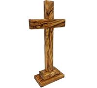 Lunexus Croix sur pied en bois d'olivier de 18,5 cm - Fabriquée à la main à Bethléem - Bénie avec certificat de consécration - Croix de table chrétienne avec pied - Cadeau de baptême, communion,