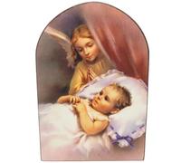 Lunexus Image ange gardien 13,5 x 8,5 cm - Ange veille sur bébé endormi - Plaque en bois bénie avec motif Zatzka et certificat - Tableau mural pour chambre d'enfant, cadeau de baptême