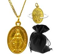 Lunexus Médaille Vierge Marie - Béni - Pendentif doré avec croix arrière - Bijou catholique avec gravure italienne - Chaîne en acier inoxydable de 60 cm - Cadeau de baptême communion confirmation