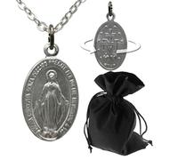 Lunexus Médaille Vierge Marie - Bénie - Aspect argenté brillant avec dos croix M cœurs - Pendentif Marie italienne - Chaîne en acier inoxydable 60 cm - Cadeau baptême communion fête des mères