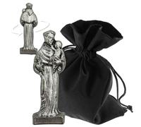 Lunexus Mini figurine de saint Antoine avec enfant - Figurine en métal argenté de 3 cm - Autonome dans un étui de protection transparent - Béni avec certificat - Figurine de poche pour voiture, voyage