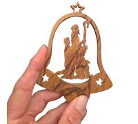 Lunexus Pendentif en bois d'olivier avec clochette Sainte Famille - Fabriqué à la main à Bethléem - Décoration de sapin de Noël et étiquette cadeau de la Terre Sainte - Avec ruban en or et argent avec