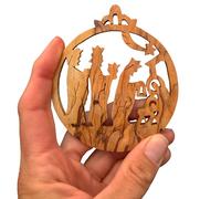 Lunexus Pendentif en bois d'olivier des trois rois - Fait à la main à Bethléem - Décoration de sapin de Noël et étiquette cadeau de la Terre Sainte - Avec ruban doré et argent et certificat