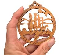 Lunexus Pendentif en bois d'olivier « Fuite to Egypte » - Fabriqué à la main à Bethléem - Décoration de sapin de Noël et étiquette cadeau de la Terre Sainte - Avec ruban doré et argent et certificat