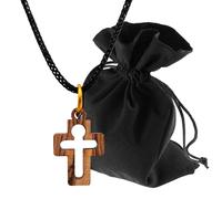 Lunexus Pendentif en forme de croix avec figurine du Christ en bois d'olivier fait à la main à Bethléem avec ruban noir de 80 cm et pochette en velours - Avec certificat - Cadeau de baptême et de