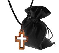 Lunexus Petit pendentif en forme de croix en bois d'olivier fait à la main à Bethléem avec ruban noir de 80 cm et pochette en velours - Avec certificat - Collier discret - Cadeau de baptême et de