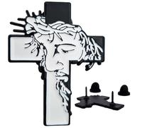 Lunexus Pin's en forme de croix avec visage de Jésus - Lapel Pin noir et blanc 2,54 x 3,30 cm - Double fermeture papillon - Béni avec certificat - Cadeau pour baptême, communion, confirmation