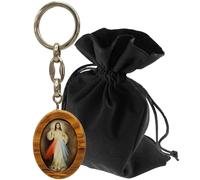 Lunexus Porte-clés avec image de Jésus miséricordieux - Bois d'olivier - Béni - Image chrétienne des saints - Cadeau pour chrétiens et pèlerins - Décoration religieuse pour voiture, communion et