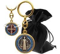 Lunexus Porte-clés Benoît - Béni - Médaille de Saint Benoît avec gaufrage et design des deux côtés - Cadeau avec pochette en velours - Symbole de protection pour voiture, maison et déplacement - Doré