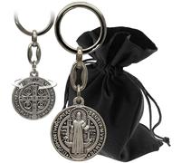 Lunexus Porte-clés Benoît en argent - Béni - Médaille de 8 cm avec gaufrage - Symbole de protection pour voiture et maison - Cadeau avec pochette en velours - Consacration catholique confirmée,