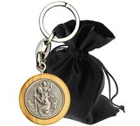Lunexus Porte-clés Christophe - Bois d'olivier et métal - Saint Christophe - Béni - patron automobile - Porte-bonheur pour voiture et moto - Cadeau pour pèlerins, argenté/bois, 3,3 cm