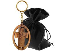 LUNEXUS Porte-clés Jésus 6,5 x 4,5 cm - Motif croix en bois d'olivier véritable - Fabriqué à la main à Bethléem - Béni avec certificat - Pendentif chrétien - Idée cadeau pour clés de voiture et voyage