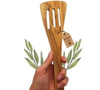 LUNEXUS Spatule en bois d'olivier fendue 34 cm - Spatule en bois d'olivier Bethléem avec fentes pour poêles enduites - Ustensile de cuisine fait main avec cordon en cuir pour suspendre dans la cuisine