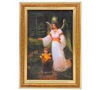 Lunexus Tableau ange gardien 12 x 17 cm avec cadre en bois et verre véritable - Béni catholique - Motif ange accompagnant l'enfant dans la forêt sombre - Tableau mural pour baptême, naissance