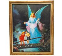 Lunexus Tableau ange gardien - 27 x 22 cm - Avec cadre en bois et verre véritable - Béni catholique - Motif ange guide les enfants sur un pont de nuit - Décoration murale pour baptême, naissance