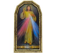 Lunexus Tableau Jésus miséricordieux - 25 x 14 cm - Jésus je fais confiance à vous - Tableau mural encadré avec verre véritable et cadre doré - Divine Mercy Segen avec certificat - Cadeau de baptême