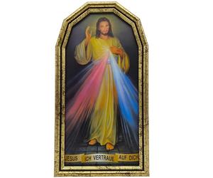 Lunexus Tableau Jésus miséricordieux - 25 x 14 cm - Jésus je fais confiance à vous - Tableau mural encadré avec verre véritable et cadre doré - Divine Mercy Segen avec certificat - Cadeau de baptême