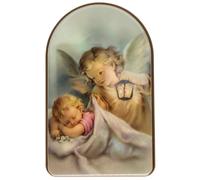 Lunexus Tableau mural avec ange gardien - 13,5 × 8,5 cm - Ange avec lanterne qui veille sur l'enfant endormi - Tableau en bois béni avec certificat - Cadeau de baptême pour bébé et chambre d'enfant