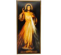 Lunexus Tableau mural Jésus miséricordieux 34,5 x 15,5 cm - Tableau en bois béni « Jésus je fais confiance » - Impression sur bois massif avec certificat - Décoration chrétienne pour salon ou salle de