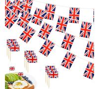 Lunhoo Ensemble de décoration de drapeau Union Jack en tissu de 10 m et 100 cure-dents, décorations de gâteaux, pour couronnement, coupe du monde, décorations de fête sur le thème britannique