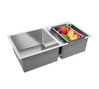 LUNICASHA Évier de cuisine à 2 bacs - En acier inoxydable - Double étagère - 2 bacs - Avec égouttoir