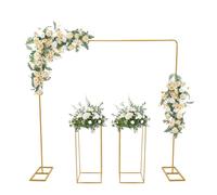 LUNICASHA Lot de 2 arches de mariage en métal de 2 m - Avec 2 supports de fleurs de 80 cm de haut - Support pour ballons - Pour mariages, fêtes d'anniversaire, banquets - Doré