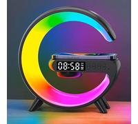 LUNO Welfare Lampe Veilleuse Multifonction Noir Réveil Digital, Chargeur Sans Fil 15W, Bluetooth 5.0, LED RVB, Son Stéréo | Ambiance & Technologie Haute Définition