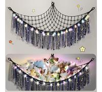 Lunriwis Filet de rangement pour animaux en peluche avec lumières LED - Style bohème - Jouet en macramé - Décoration de chambre d'enfant - Sac de rangement - Hamac - Noir