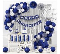 LUOBITO Decoration Anniversaire Garçon Homme Fille Femme, Deco Anniversaire Bleu Marine Argent, Kit Ballons Anniversaire avec Banderole Joyeux Anniversaire Ballon Confetti Papier Pompoms PD72