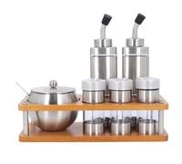 Luocute Ensemble de Distributeurs de Condiments en Acier Inoxydable 6 Pièces, Bouteilles de Sucre de Sel de Vinaigre D'huile de Cuisine avec Base en Bois, pour L'organisation de Comptoir